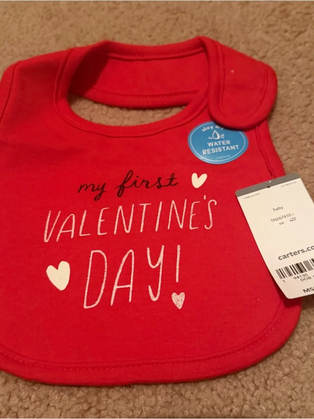 Carter's My First Valentine's Day Red Water Resistant Snap Closure Bib